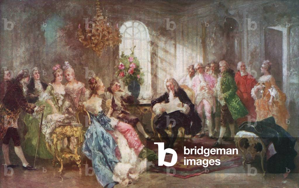 Voltaire legge la sua tragedia Semiramis al re Stanislas di Polonia (colore lito)