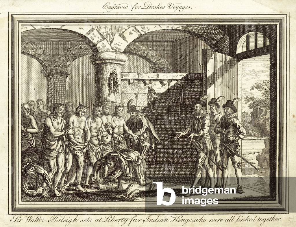 "Sir Walter Raleigh mette in libertà cinque re indiani" di English School, b/w