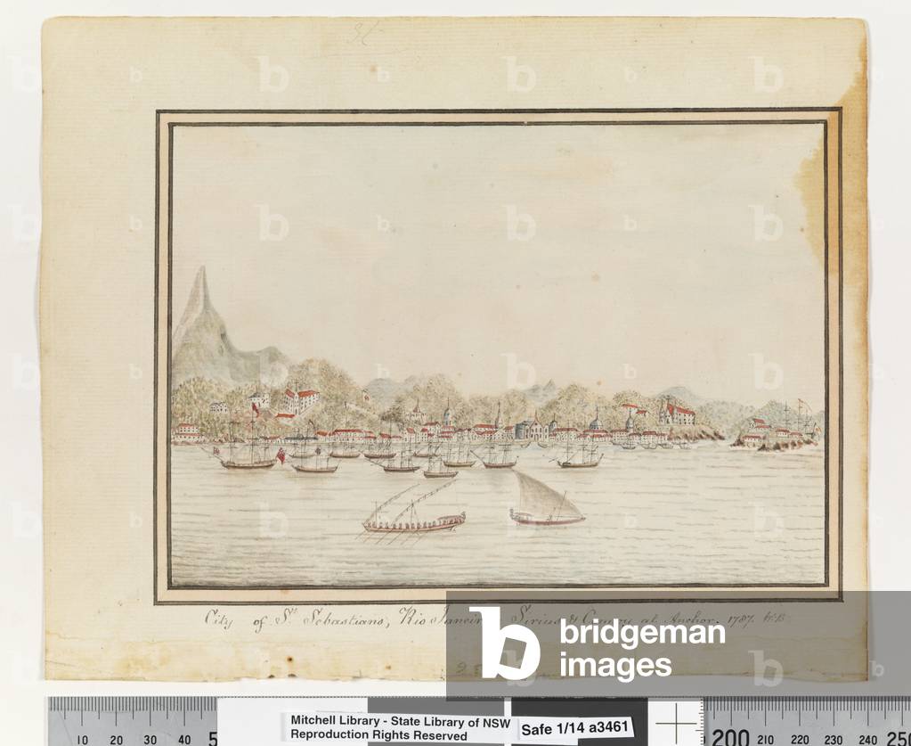 Bild von Zeichnung "Opp. S. 37. `Stadt St. Sebastians" 1802 von William Bradley, b/w