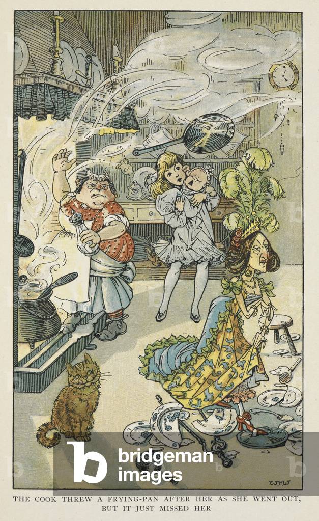 Der Koch warf ein Braten nach ihr, als sie ausging, aber es verpasste sie einfach. Alice in einer Küche.