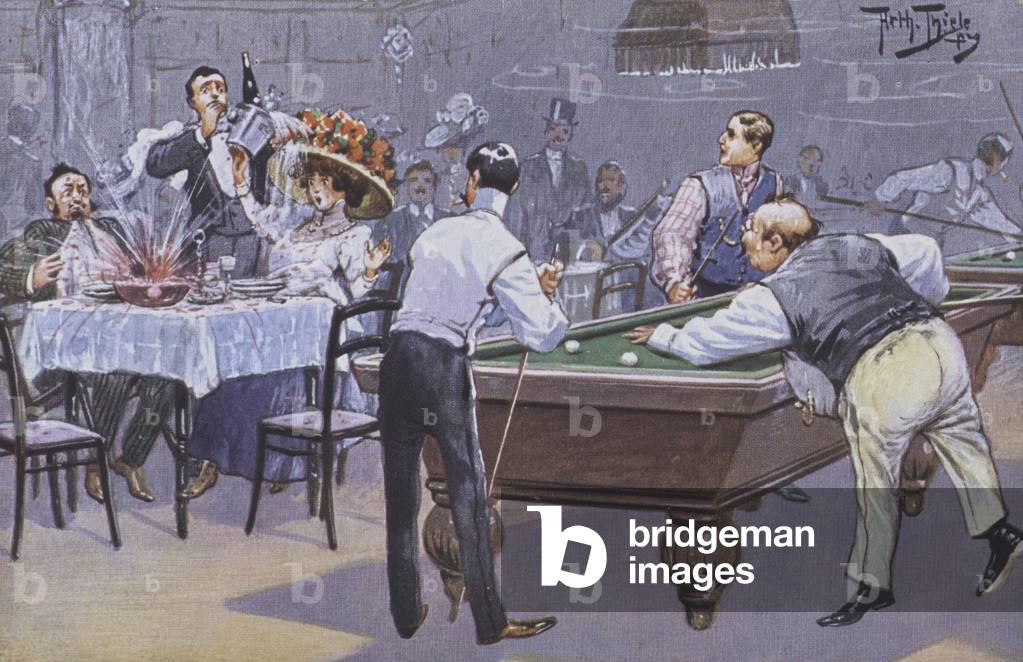 Scena comica in una sala da biliardo (litografia a colori)