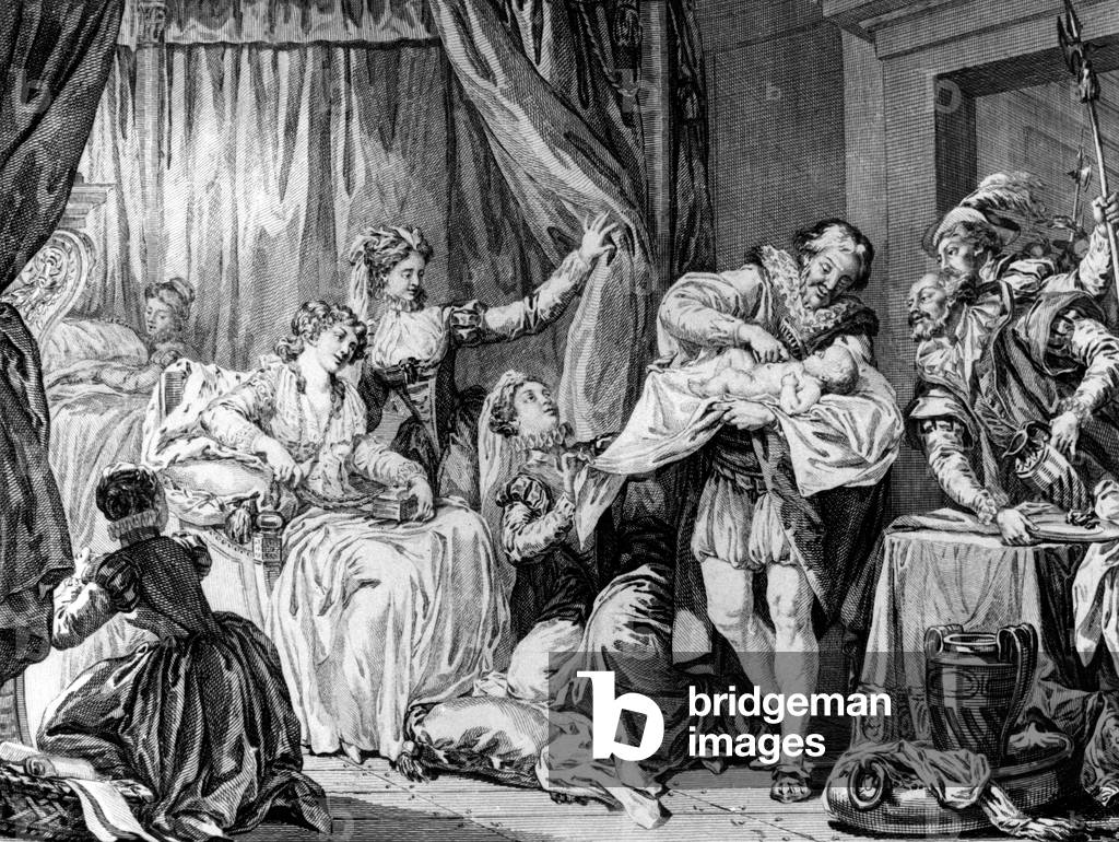 French king Henri IV giving alcohol to one of his children (baby), b/w