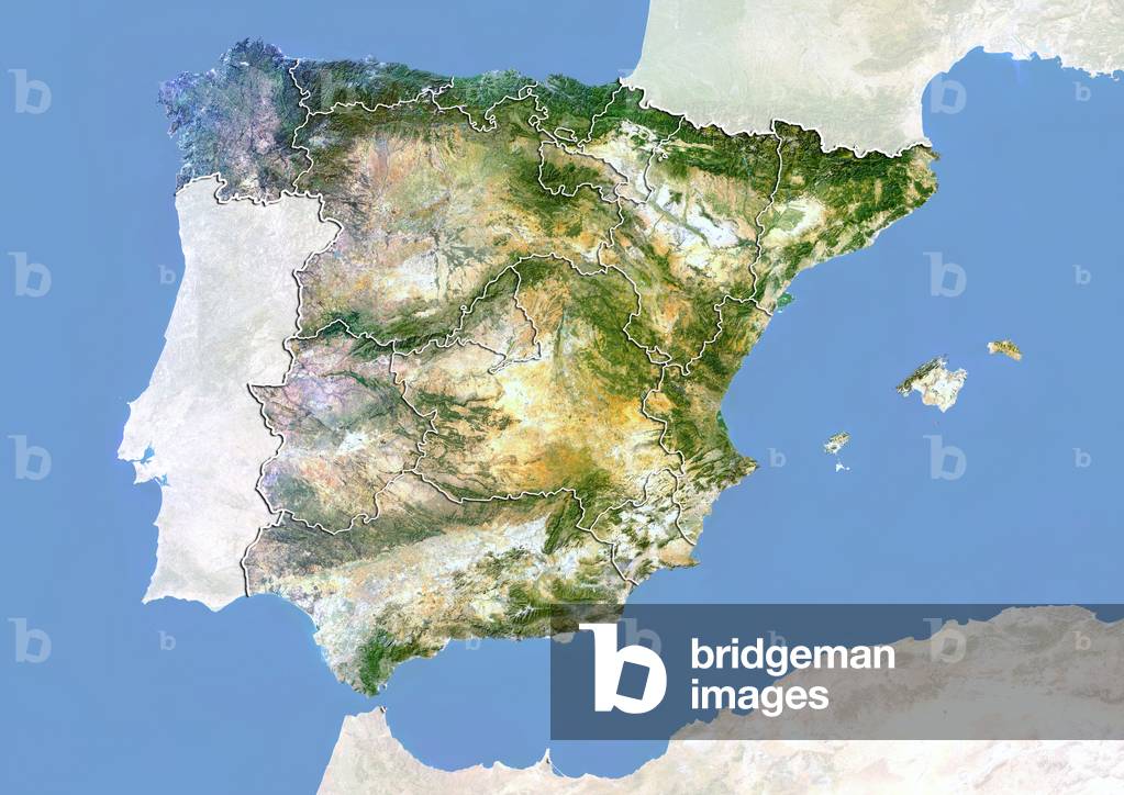 Image of Spain, Satellite Image With Bump Effect and Region Boundaries
