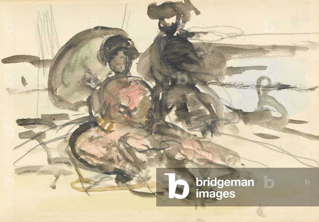 Bild von Zeichnung "Abbildung Studie: zwei Frauen sitzen auf einem Flussufer (Graphit & w/c auf Papier)" von P