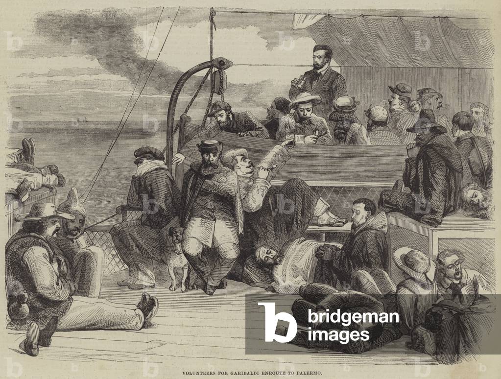 "Freiwillige für Garibaldi Enroute nach Palermo (Gravur)" von English School, b/w