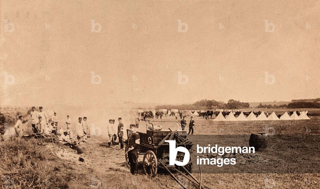 Scena sul campo di battaglia con soldati e ambulanze carro, Svezia?, c.1875 (stampa gelatina d'argento)