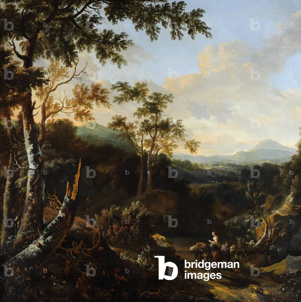 Ein bewaldet landschaft mit Bauern und Esel auf Ein weg