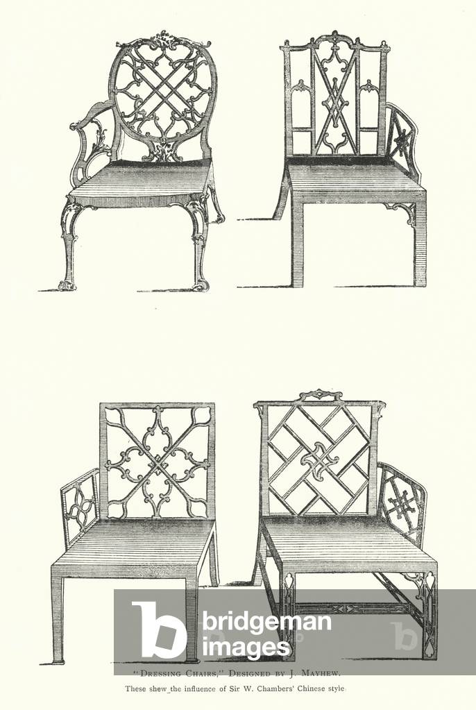 „Dressing Chairs“, entworfen von J Mayhew (farbige Gravur)