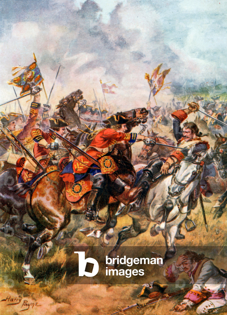 Image of Print depicting Charge of the Third Dragoons. Battle of Dettingen (colour litho) 1901 by Harry Payne