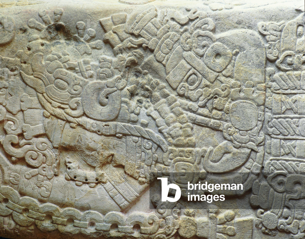 Stone stele depicting Mayan ruler Stormy Sky II (stone)