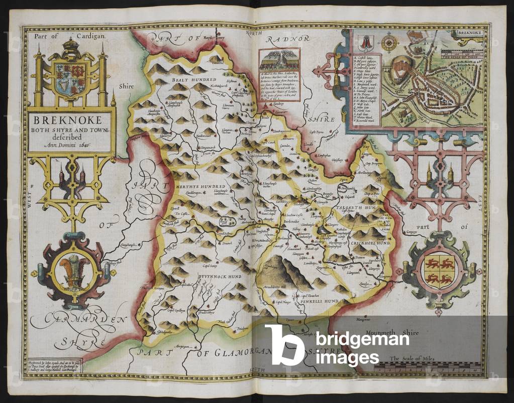 Breknoke beschrieb sowohl Shyre als auch towne n. Chr. 1610. Eine Karte von Brecknockshire (Breconshire); Inse