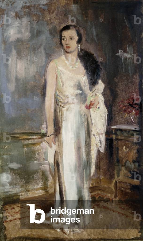 ritratto di loelia, duchessa di westminster, poi signora lindsay, piccolo completa lunghezza, in sera abito, (