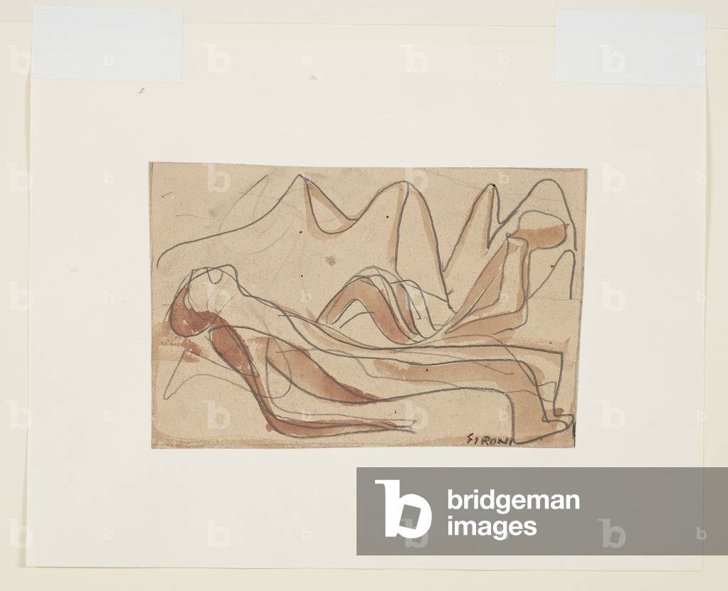 Two reclining figures in a landscape by Mario Sironi, b/w