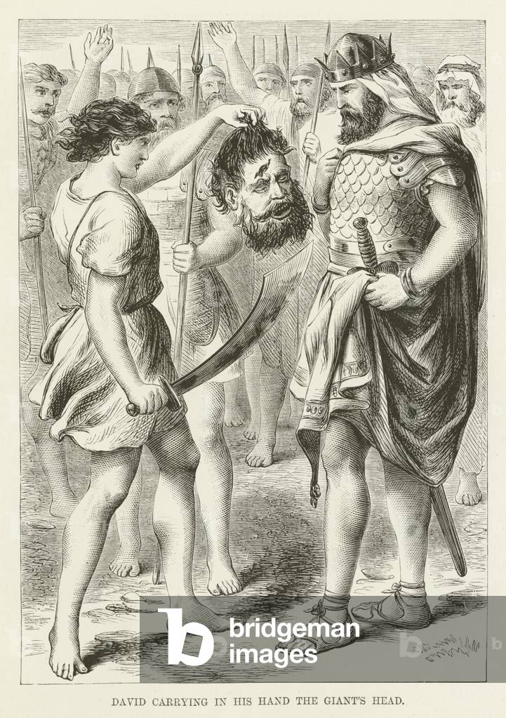 Bild von Gravur "David trägt in der Hand den Kopf des Riesen (Gravur)" 1890 von English School, b/w