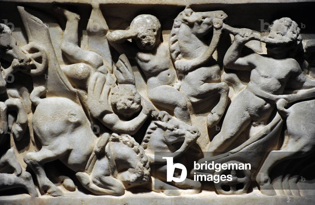 Römischer Sarkophag, der ein Zirkusrennen darstellt, Detail (Marmor)