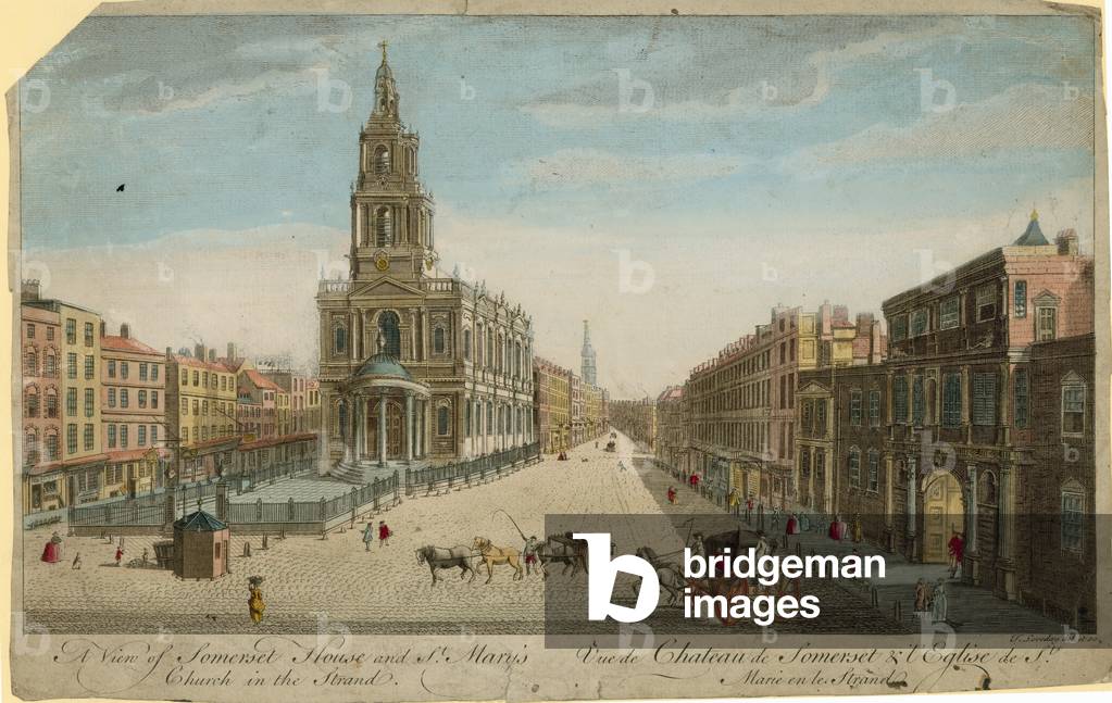 Una vista di Somerset Casa e St Mary's Chiesa nel Strand (incisione colorata)