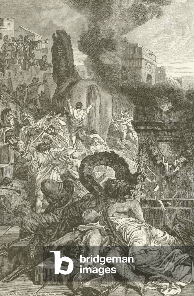 "Il meraviglioso cavallo di Troy (incisione)" di English School, b/w