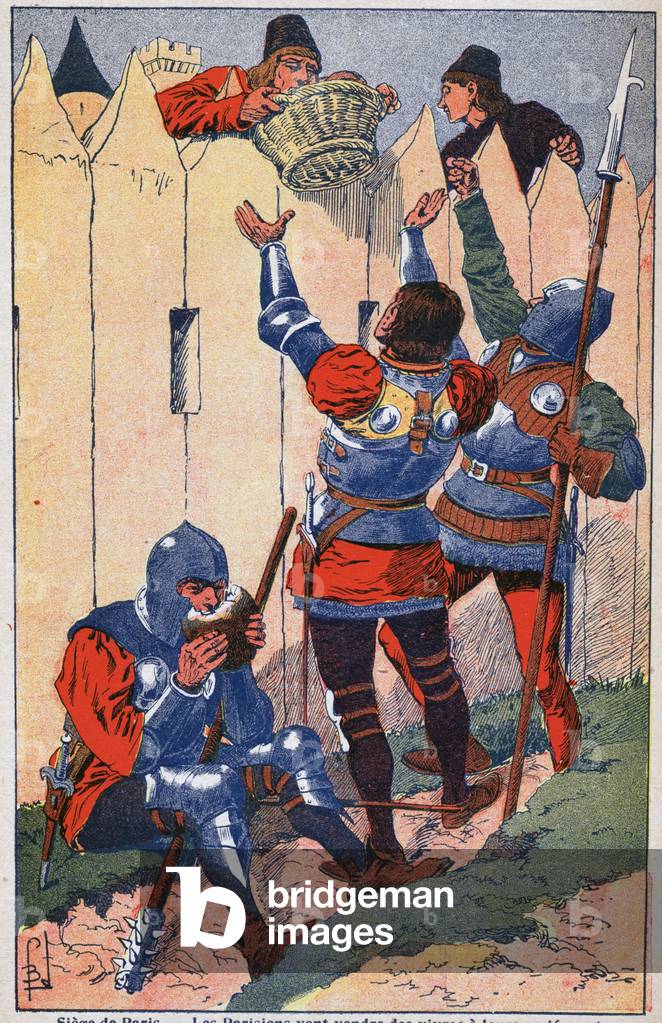 Abitanti di Parigi vendono cibo alle truppe della Ligue du Bien Public che li assediano, 1900 circa (illustraz