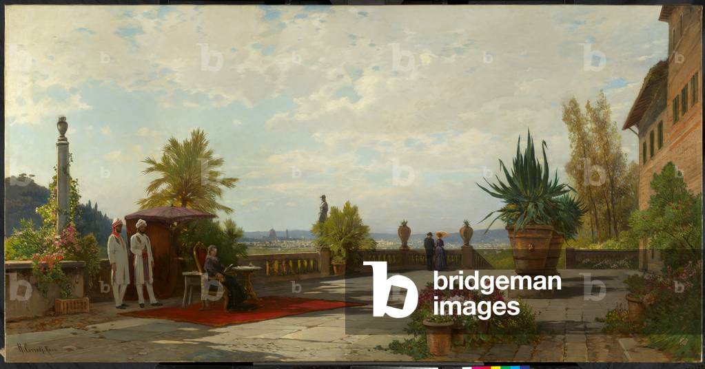 Immagine di Dipinto "Regina Vittoria (1819-1901) sulla terrazza di Villa Palmieri" 1894 di Herman David Salomo