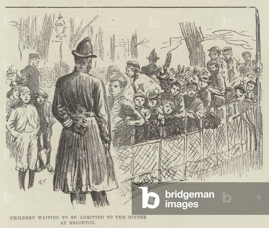 Children waiting to be admitted to the Dinner at Brighton (litho)