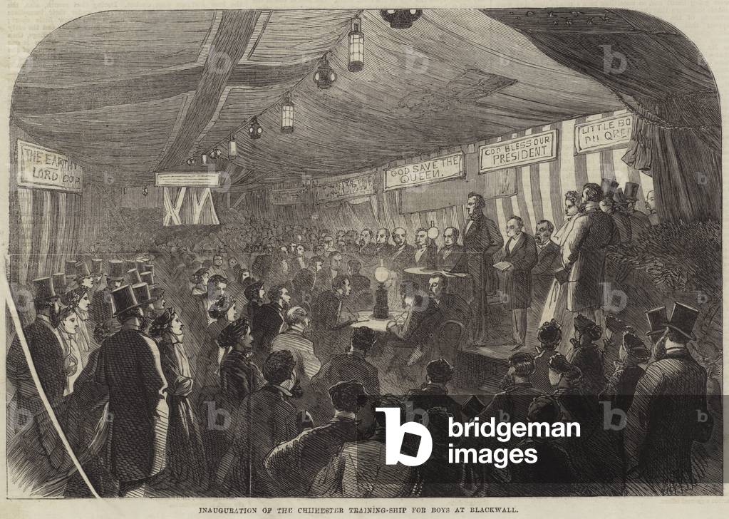 "Inaugurazione del Chichester Training-Ship per ragazzi a Blackwall (incisione)" di English School, b/w