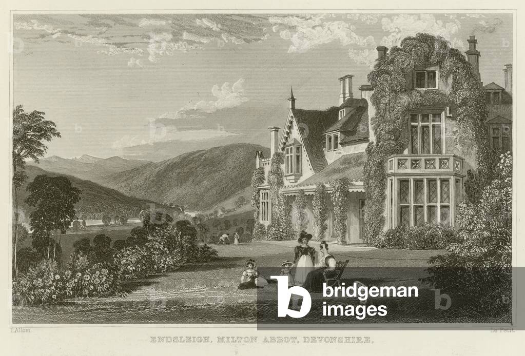Endsleigh (engraving) by Thomas Allom, b/w