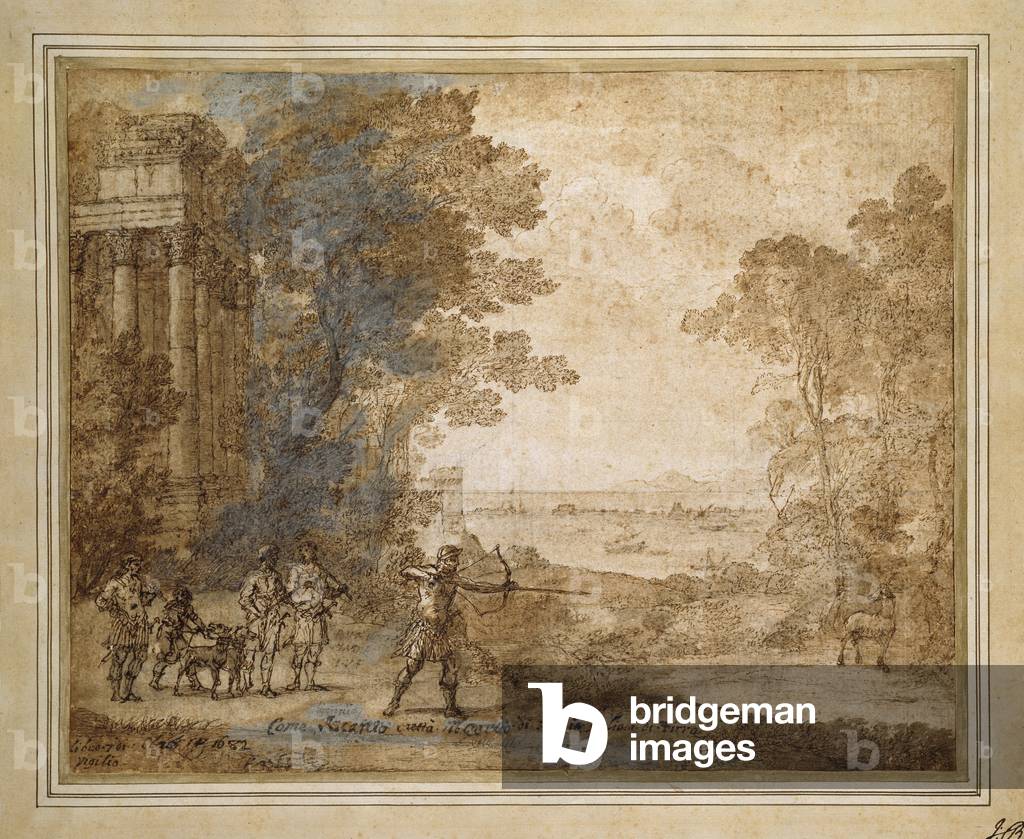 "Paesaggio con Ascanio ripresa il cervo di Sylvia" 1680 di Claude Lorrain, b/w