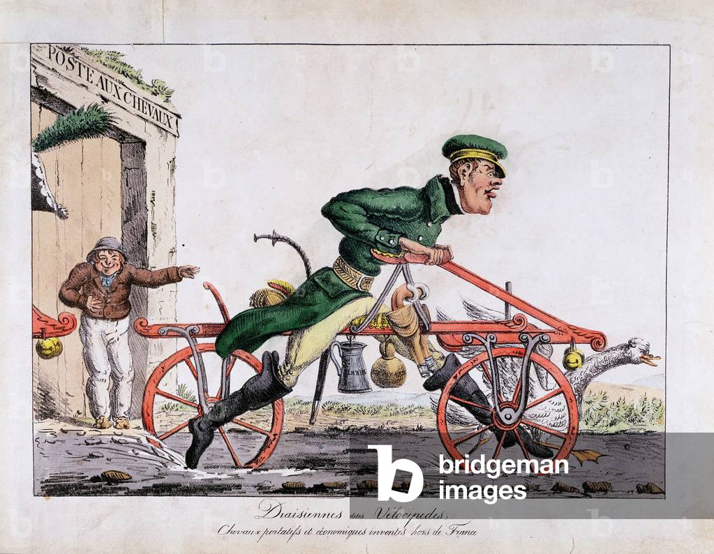 Draisien oder Velocipede zeigten, dass Pferde im französischen Postdienst ersetzt wurden. Farbige Lithographie