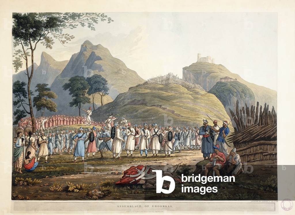 Montage von Ghoorkas, 1820 (handkolorierte Aquatintgravur)