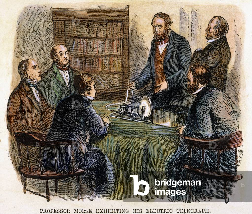 SAMUEL F.B. MORSE (1791-1872) demonstrating his telegraph: coloured engravi...