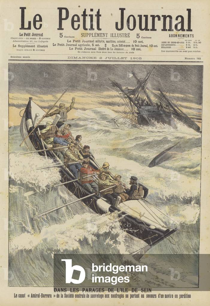 Das Rettungsboot Amiral-Barrera zur Hilfe von asticken Schiff vor der Ile de Sein, Bretagne (Farbe litho)