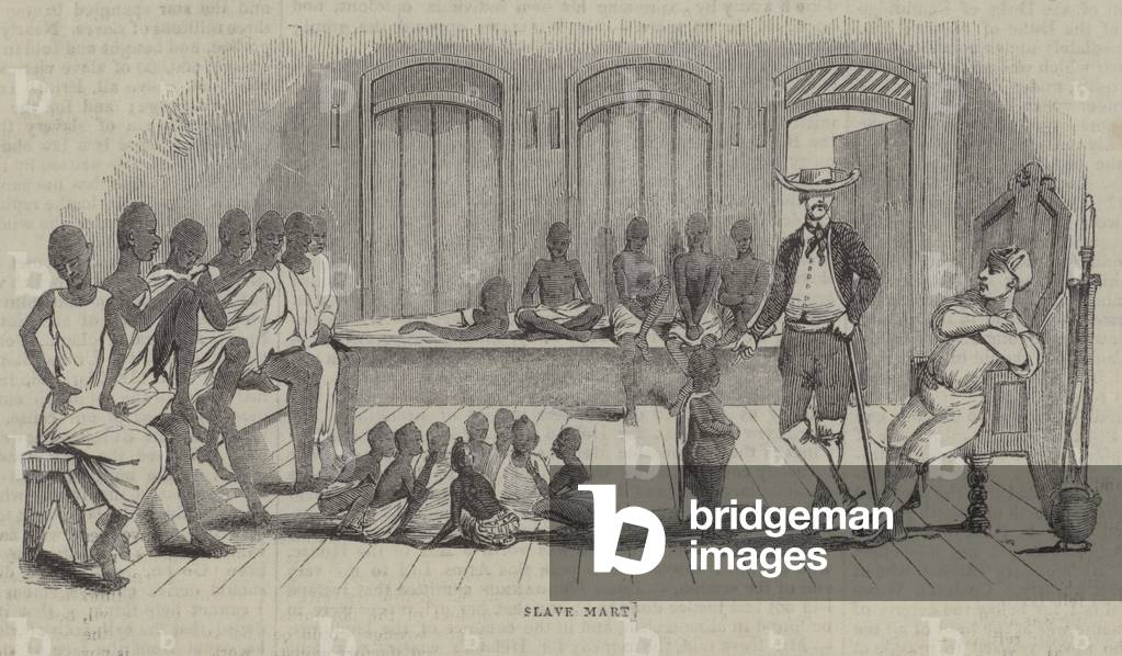 "Exponate im Zusammenhang mit dem Anti-Sklaverei-Übereinkommen von 1843 (Gravur)" von English School