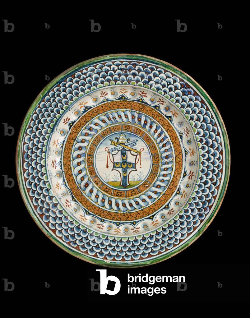 Wappenschild mit einem von einer päpstlichen Tiara überragten Schild und gekreuzten Schlüsseln, 1503 (Steingut