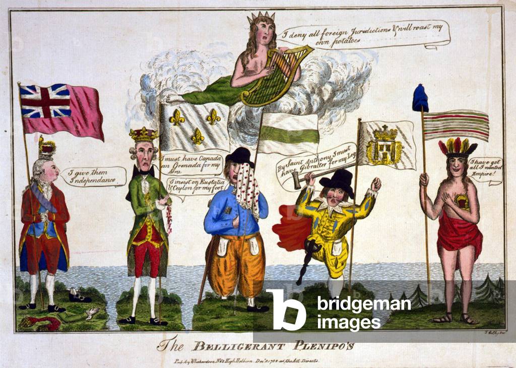 The Belligerent Plenipo:, cartone animato di Thomas Colley, Londra, 1782. A sinistra Giorgio III con mezza cor