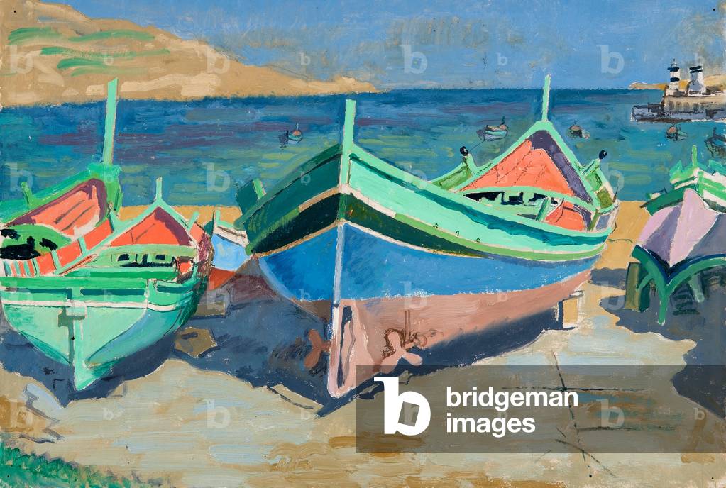 Barche a Mgarr contro un mare scuro, (olio su carta)