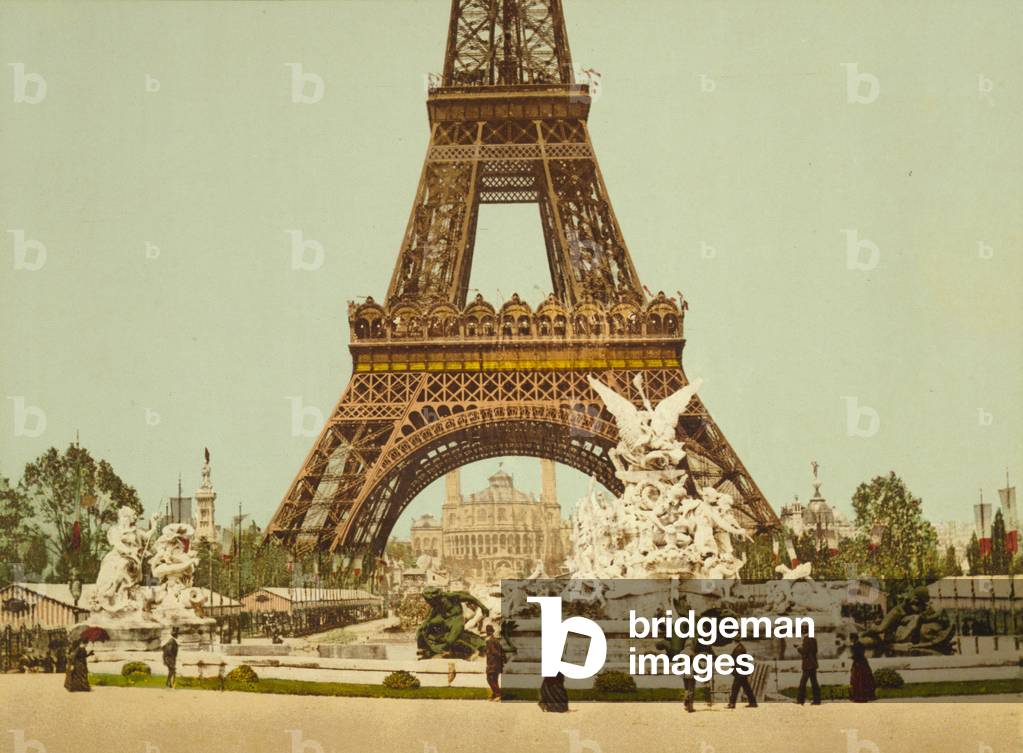 Eiffelturm und Brunnen, Exposition Universelle, Paris, Frankreich, um 1900 (photochrom)