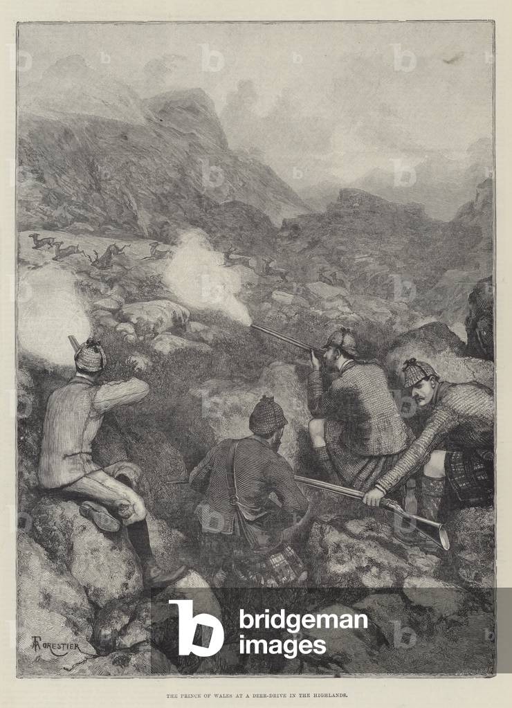 Le prince de Galles à un Deer Drive dans les Highlands (gravure) 1888 par Amedee Forestier, b/w