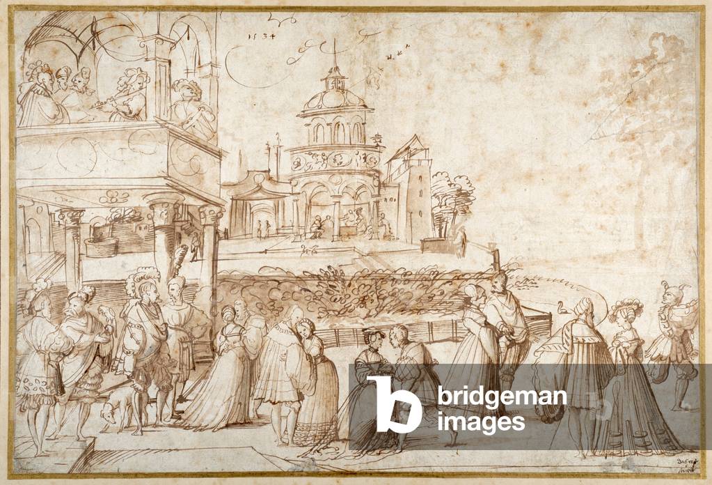 Image of Drawing depicting Society Scene (pen & ink with wash on paper) by Joerg the Elder Breu, b/w