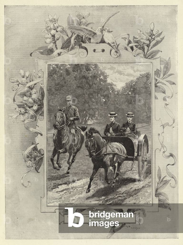 H R H Prince Christian riding with his daughters in Windsor Park (engraving) by John Charlton, b/w