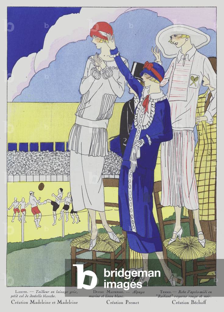 Damenmode der 1920er Jahre von Designern Madeleine und Madeleine, Premet und Bechoff (Farblitho)