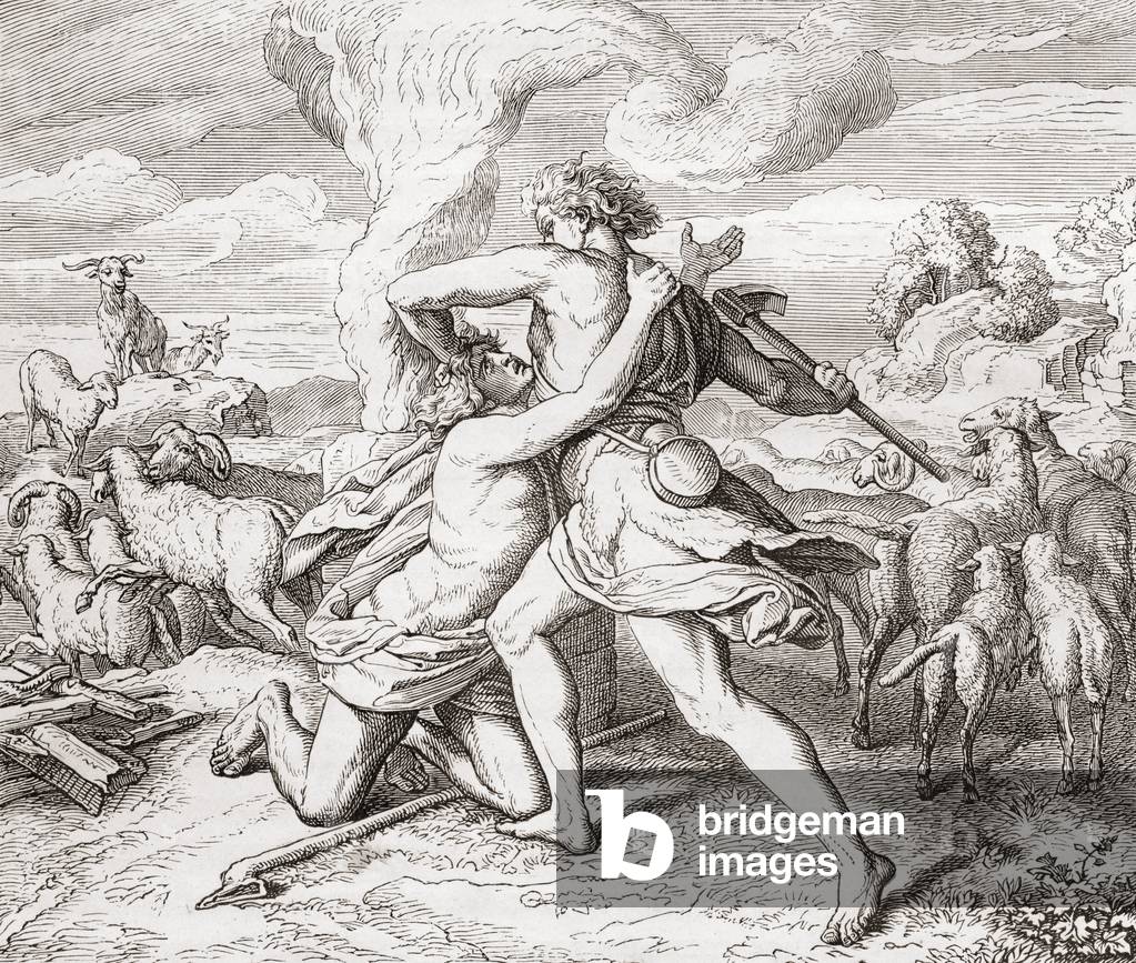 Kain tötet seinen Bruder Abel, nach dem Gemälde von Julius Schnorr von Carolsfeld.  Pub.1875 (Litho)