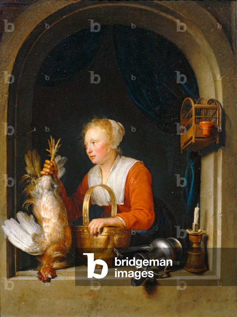 Immagine di Dipinto "Femme accrochant un coq à sa fenetre" di Gerrit or Gerard Dou