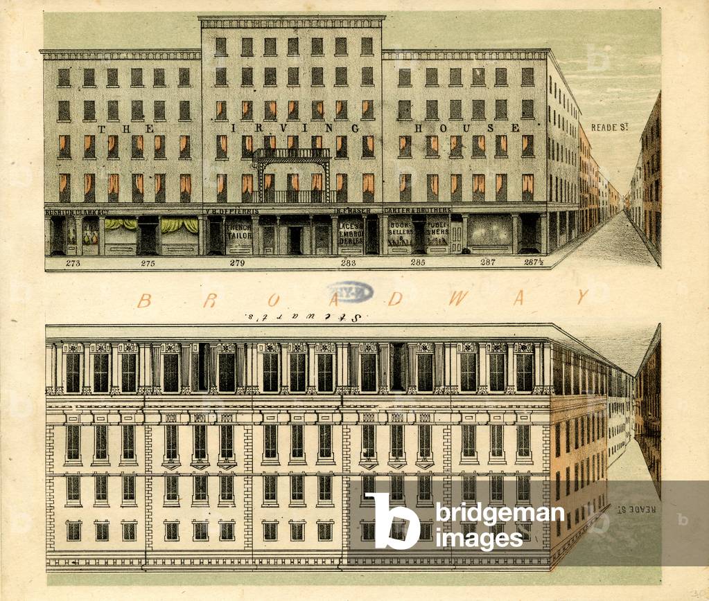 273 a 287 1/2 Broadway, a Reade Street, mostrando The Irving House e Stewart, 1848 (lito)
