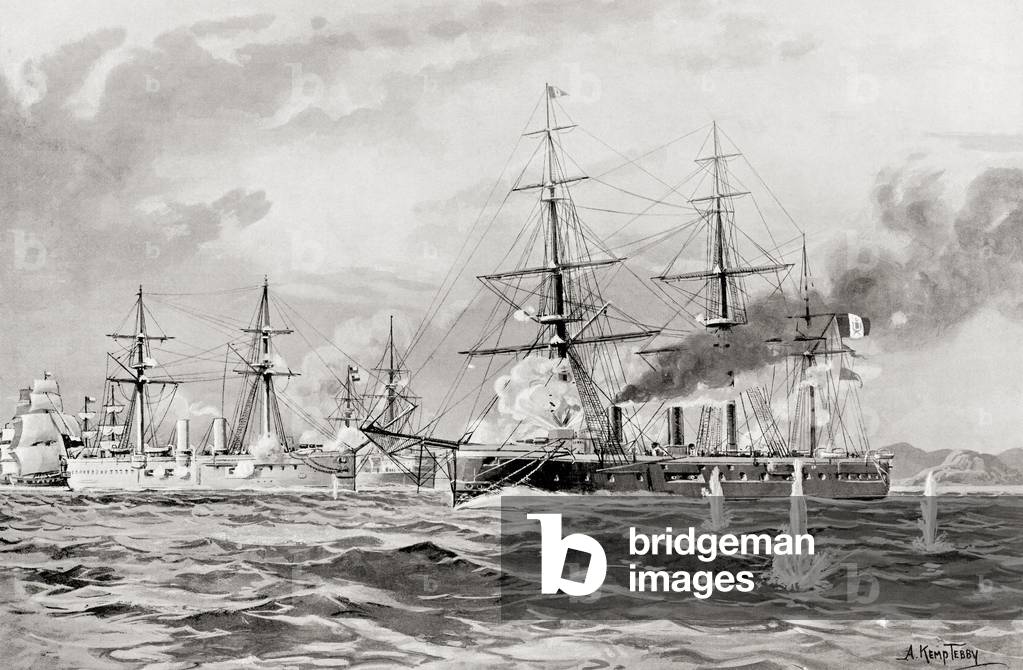 Das Engagement zwischen dem peruanischen Schiff Huascar und chilenischen Kriegsschiffen in der Schlacht von An