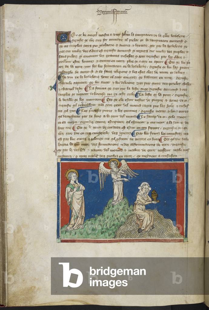 "Giovanni a sinistra; l'angelo su un tumulo; la prostituta siede sulle acque."
