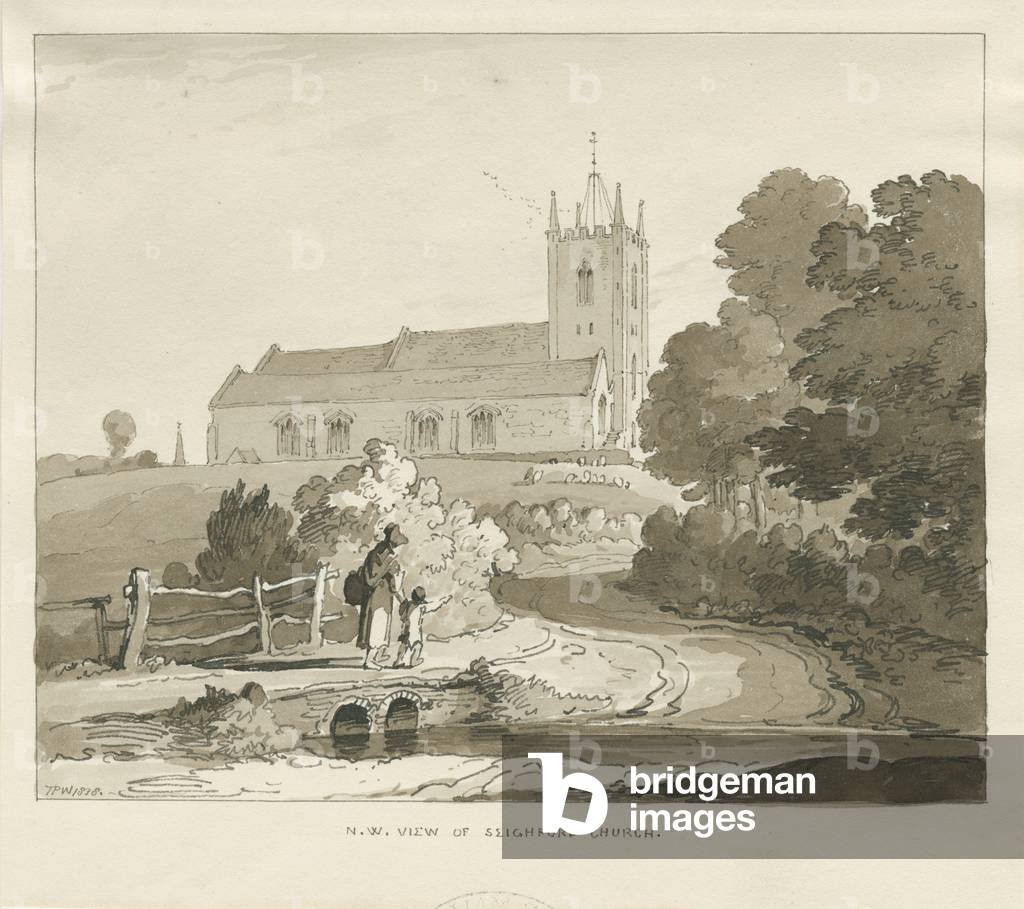 Bild von Zeichnung "Seighford Kirche: Sepia waschen Zeichnung" 1838 von Thomas Peploe Wood