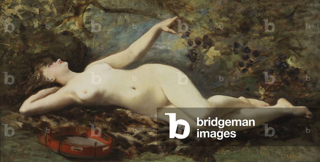 liegend nackt mit tamburin, (öl auf leinwand)