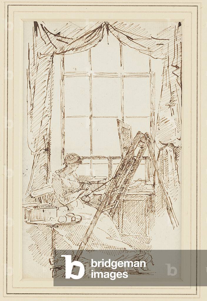 Bild von Zeichnung "Jessy an ihrer Staffelei (Stift & Tinte auf Papier)" von John Harden, b/w