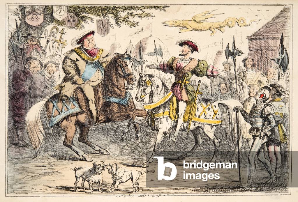 Enrico VIII incontro Francesco I, da The Comic History of England, pub. 1864 (acquaforte colorata a mano)