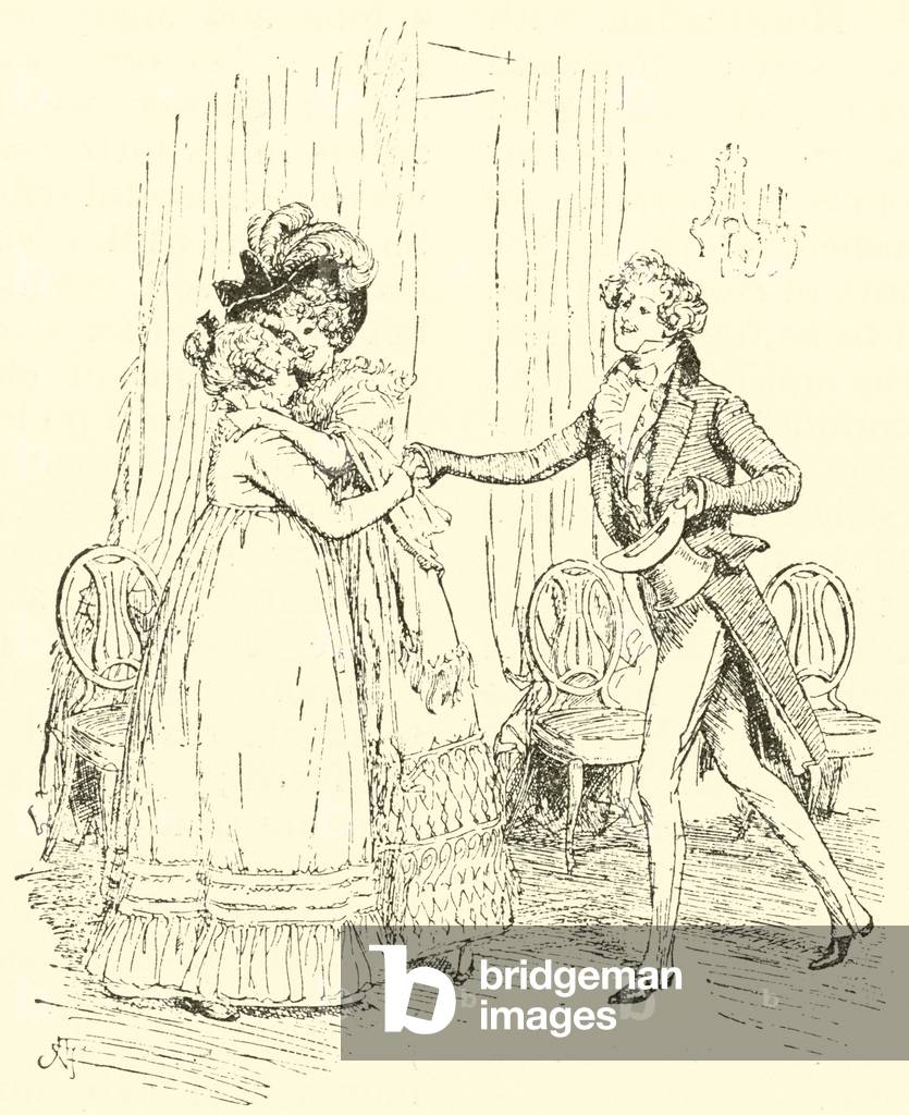 "La signora Bennet accoglie Lydia e suo marito (incisione)" di Hugh Thomson, b/w